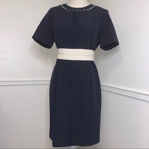 Sharagano Navy Blue Sheath Dress Pearl Neckline